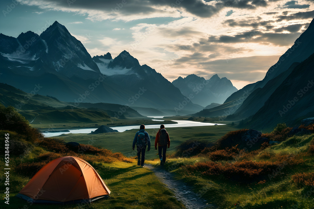 A couple hiking and camping with a tent in the mountains. Sustainable travel concept enjoying nature - obrazy, fototapety, plakaty 
