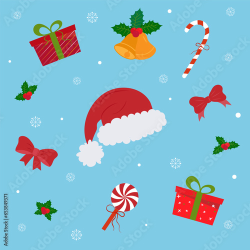 Christmas illustration with cute Santa hat and holiday symbols - gift boxes, ribbons, candies and snow. Stock vector illustration