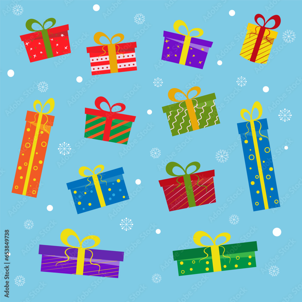 Set of Christmas gift boxes in flat style. Christmas Holidays package icons and symbols elements. Stock vector illustration