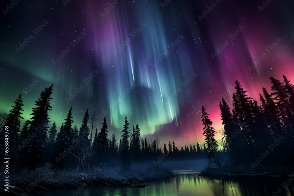 Naklejka premium Transformed night sky purple and green aurora dances over the trees