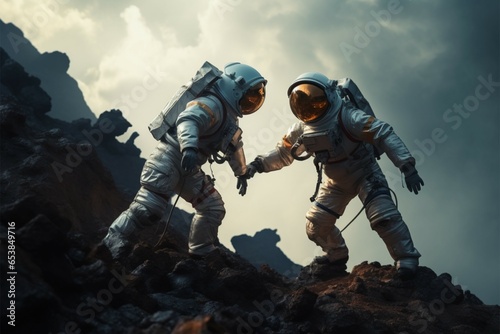 Transformed ascent Two astronauts conquer a mountain, symbolizing human triumph