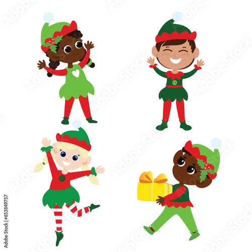 Set Christmas elves. Christmas collection multicultural boys and girls in traditional elf costumes. They dance, smile, bring gifts. Design of Christmas characters.