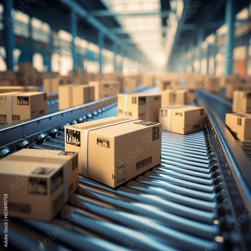 Close-up of multiple cardboard boxes sliding on the conveyor belt in a factory, ai generated © Franco Tognarini