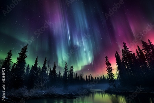 Transformed night sky purple and green aurora dances over the trees