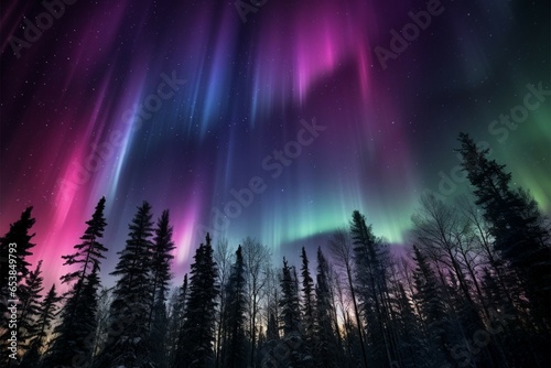 Transformed night sky purple and green aurora dances over the trees © Jawed Gfx