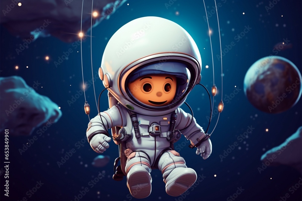 Naklejka premium Uplifting space adventure Cute astronaut with UFO balloon in cartoon