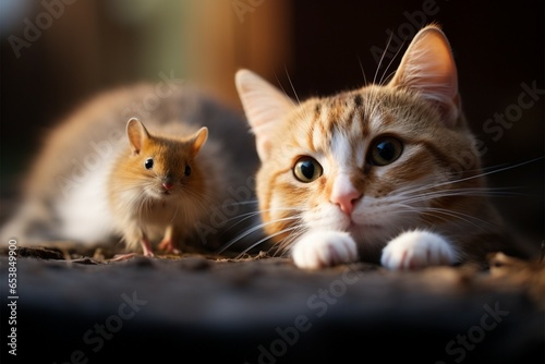 Unexpected friendship cats playful antics with a small gerbil mouse photo