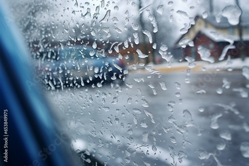 Winters blend car window reveals freezing rain snow transformation outside photo