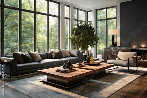 Upscale modern living room featuring a stylish coffee table, sofa, and expansive windows. Generative AI