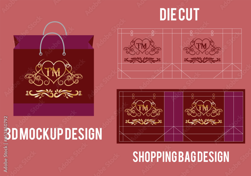 Shopping bag die cut template, paper bag die cut template, 3d bag