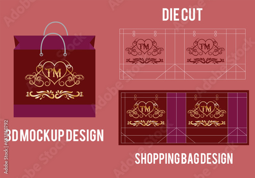 Shopping bag die cut template, paper bag die cut template, 3d bag mockup. paper bag packaging die-cut.