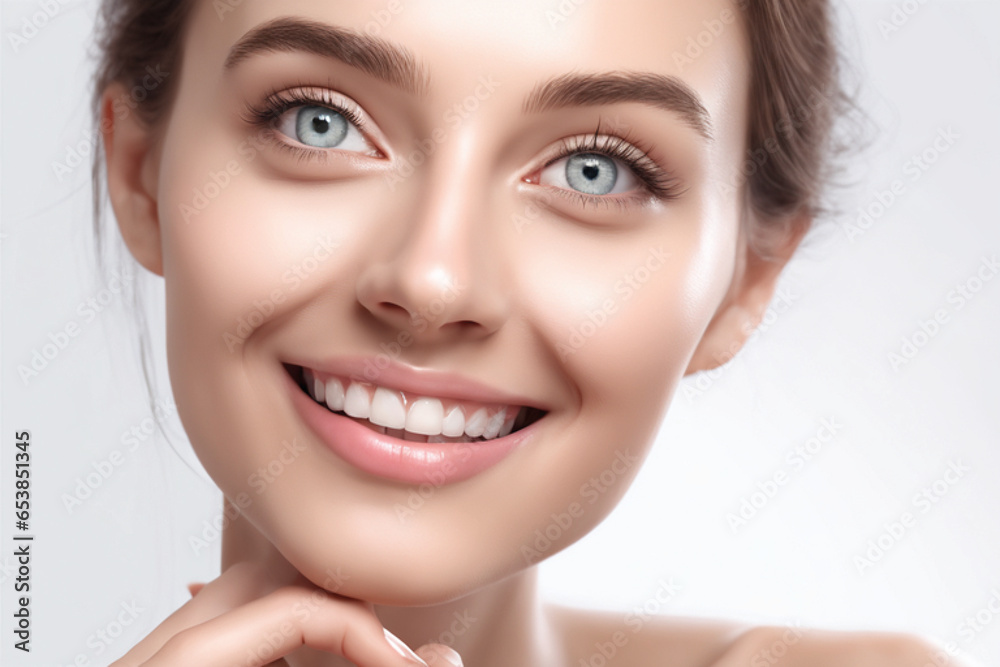 Fototapeta premium close up photo portrait of beautiful young model woman smiling with clean teeth. used for dental advertising or comics. isolated on white background. Generative AI