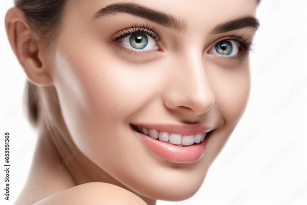 close up photo portrait of beautiful young model woman smiling with clean teeth. used for dental advertising or comics. isolated on white background. Generative AI close up photo portrait of beautiful young model woman smiling with clean teeth. used for dental advertising or comics. isolated on white background. Generative AI