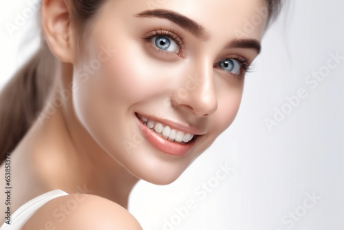 close up photo portrait of beautiful young model woman smiling with clean teeth. used for dental advertising or comics. isolated on white background. Generative AI