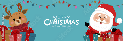 Merry Christmas and happy new year greeting card with cute Santa Claus, deer, snowman and gift box. Holiday cartoon character in winter season. -Vector