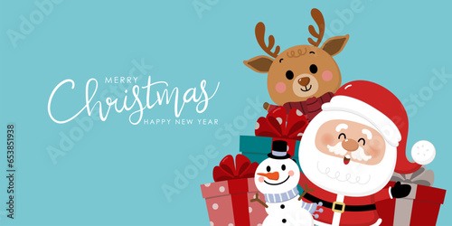 Merry Christmas and happy new year greeting card with cute Santa Claus, deer, snowman and gift box. Holiday cartoon character in winter season. -Vector