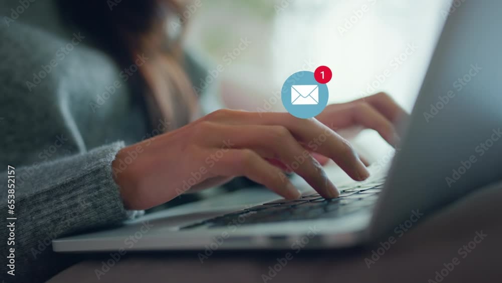phone-socialWoman hands using laptop with 1 new email alert sign icon pop up, Female using computer for check email for work or sending text SMS message at home, Online communication concept.