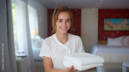 Cute smiling maid at the hotel with a towel, room cleaning. photo