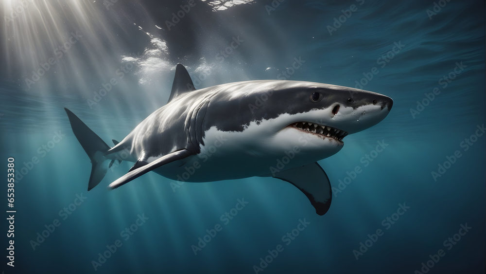 Fototapeta premium Great White Shark in the thrilling sea. (generative ai)
