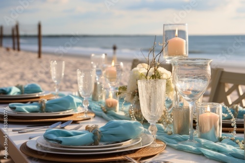 Photo of a Christmas beach-inspired table centrepiece with seashells and candles created with Generative AI technology