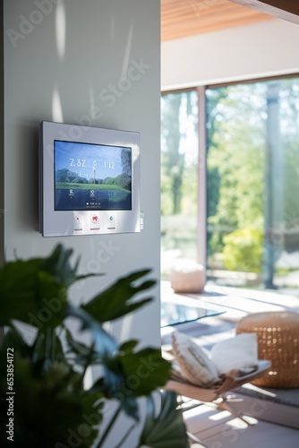 Smart Home Digital Control on a Living Room Wall, Offering a View of a Large Window with Roller Shutters Half Closed, Embracing Modern Home Automation photo