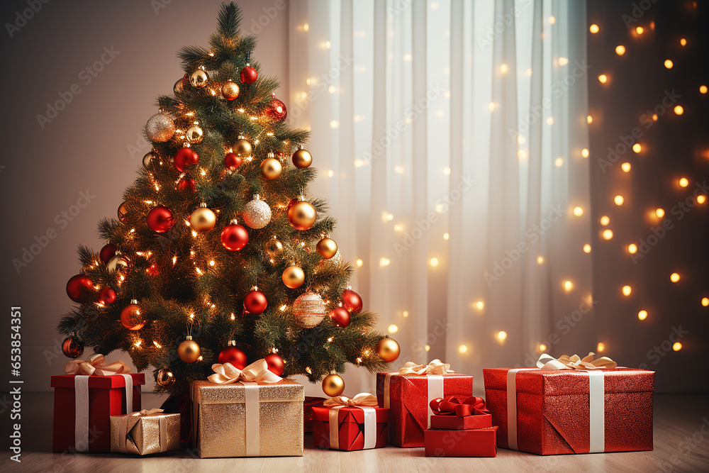 A gift box under the Christmas tree., Gifts boxes under decorated Christmas tree in white interior, background, AI generative