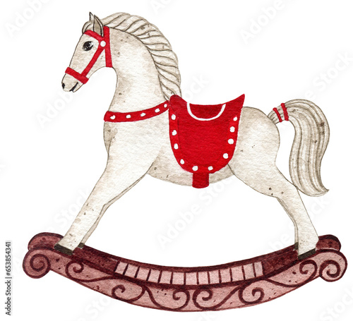 Watercolor christmas rocking horse toy illustration