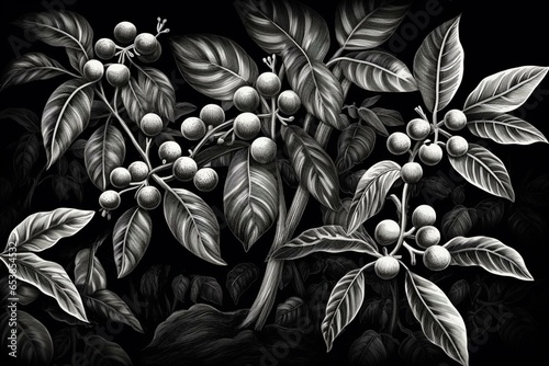 Black and white illustration of a coffee plant. Generative AI