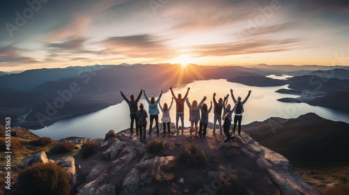 Big group of people smiling and raising their arms in victory on a mountaintop with mountains and lakes in the background.