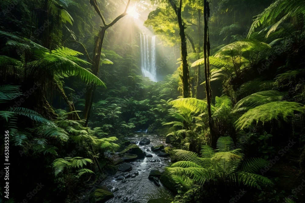 Stunning rainforest scene: lush ferns, cascading waterfall, filtered sunlight - captured by high-res drone camera. Generative AI