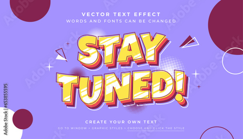 Vector shadow retro text effect. Stay tuned retro graphic style on purple background