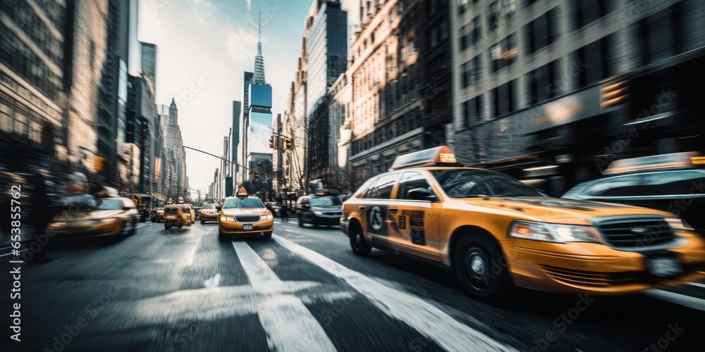 Taxi Cabs in a City: Urban Transportation in Action as Yellow Taxis Navigate Busy Streets, Providing Vital Public Transportation Services in the Metropolitan Area.