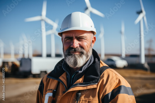 Wind turbine engineer. Male engineer maintains and controls wind turbine energy generation on the background of windmills. Concept of sustainable future. © Olga