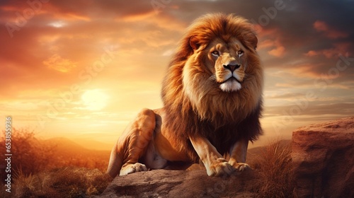 In the woods, there is a lion and a sunset. King of the animals on a savannah scene with palm trees. Beautiful warm sunlight and a stunning clouded sky. Portrait of a proud dreaming leo in the savanna