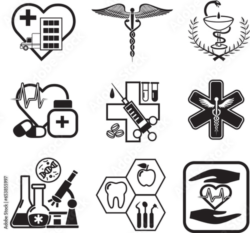 Emblems, symbols on the theme of hospital, medicine, hospital, dentistry, genetics and cardio