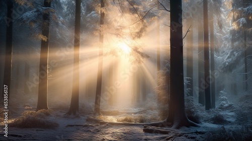  the sun is shining through the trees in the woods in winter.  generative ai