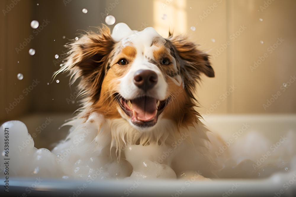 The dog bathes in a bath with soap bubbles and foam - obrazy, fototapety, plakaty 