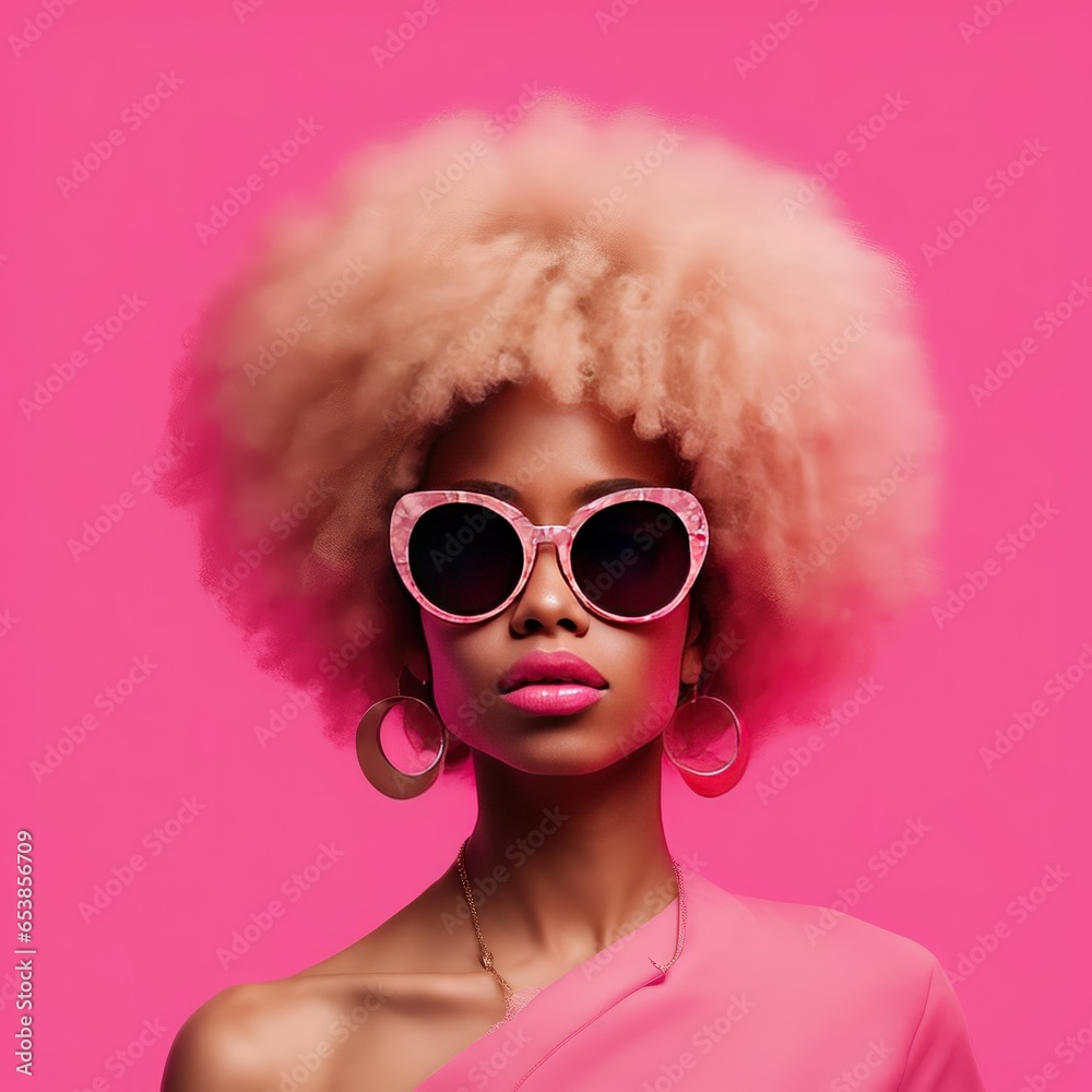 portrait of a woman in pink wig and sunglasses