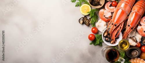 A selection of seafood with wine in a flat lay