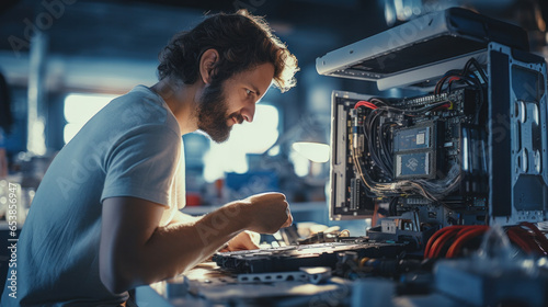 Young handsome man soldering circuit board and working on fixing hardware. Computer service