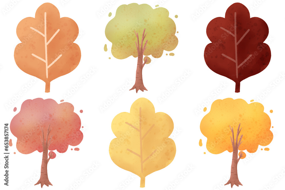 Fototapeta premium Set Of Autumn Tree: A Whimsical and Colorful Cartoon Drawing of a Happy Tree in the Vibrant Splendor of Fall, Perfect for Seasonal Designs and Decorations