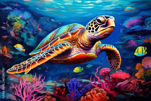 turtles with the beauty of the sea along with other small fish generative ai