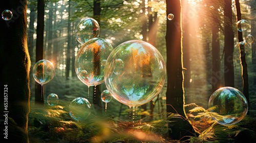  a group of bubbles floating in the air in a forest.  generative ai