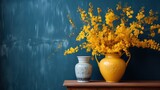  a yellow vase with yellow flowers on a table next to a blue wall.  generative ai