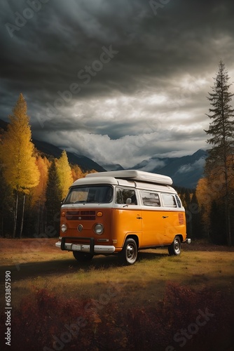 Camper van parked on a winding mountain road in summer. outdoor nature vacation concept. Picturesque park. Travel on epic road trip through mountains. Nomadic vanlife lifestyle. Life on the road