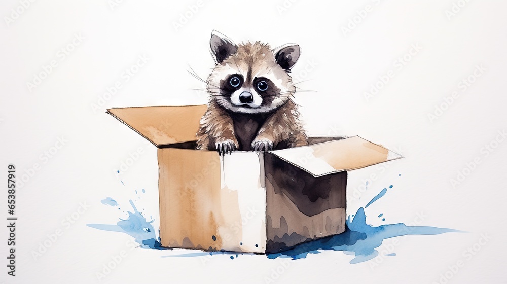  a painting of a raccoon sitting in a cardboard box.  generative ai