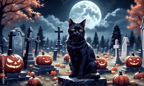 At Night, Black Cat in Cemetery with Halloween Pumpkins all Around (JPG 300Dpi 12000x7200) photo