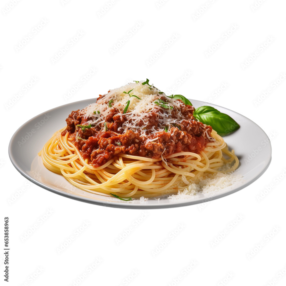 spaghetti with bolognese sauce and basil isolated on transparent background spaghetti with bolognese sauce and basil isolated on transparent background