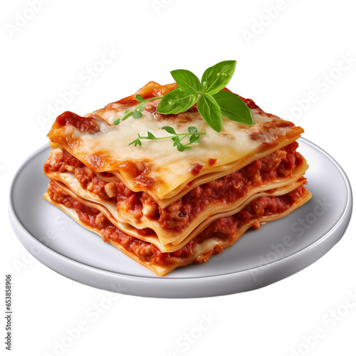 lasagna with beef tomato sauce and basil isolated on transparent background