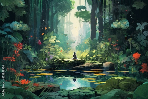 Illustration of person meditating in lotus pose on stone in pond surrounded by exotic plants and trees. Generative AI